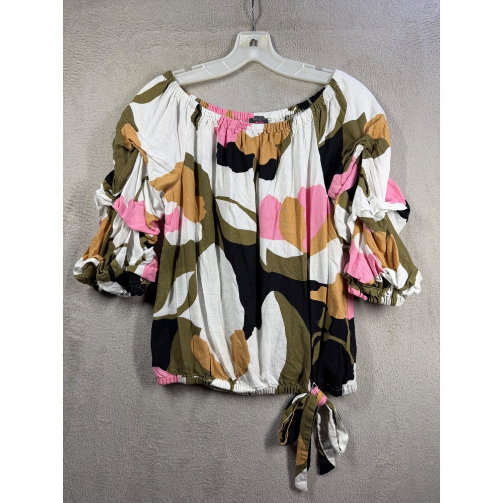 Vince Camuto Blouse Women M Multicolor Floral Linen Blend Puff Sleeve Tie